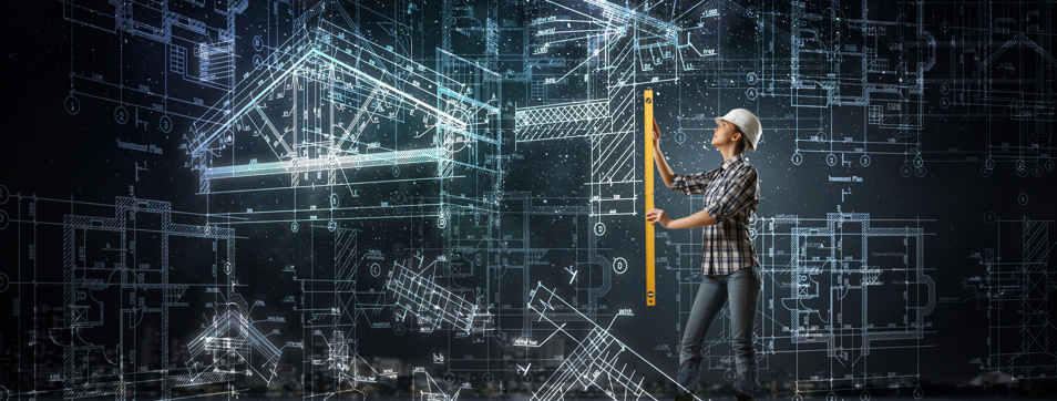 Tradespeople working on house with tech background