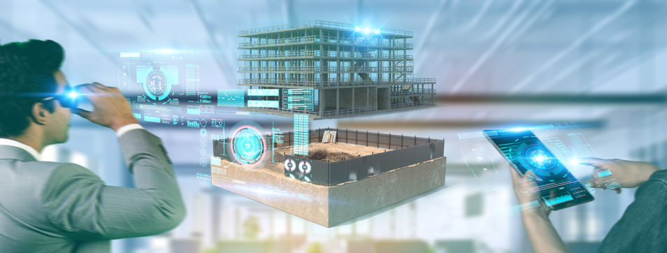 digital version of a building, overlayed phone, VR