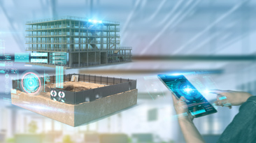 digital version of a building, overlayed phone, VR